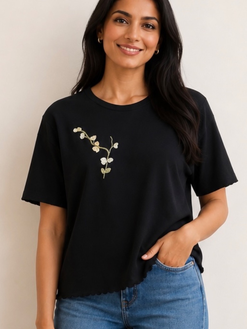 Black Top with Floral Accent